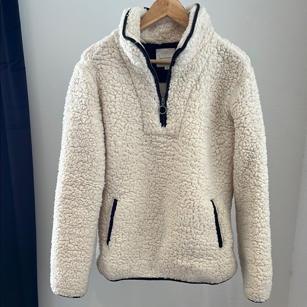 White Zip Up Fleece Sweater with Plush Texture
